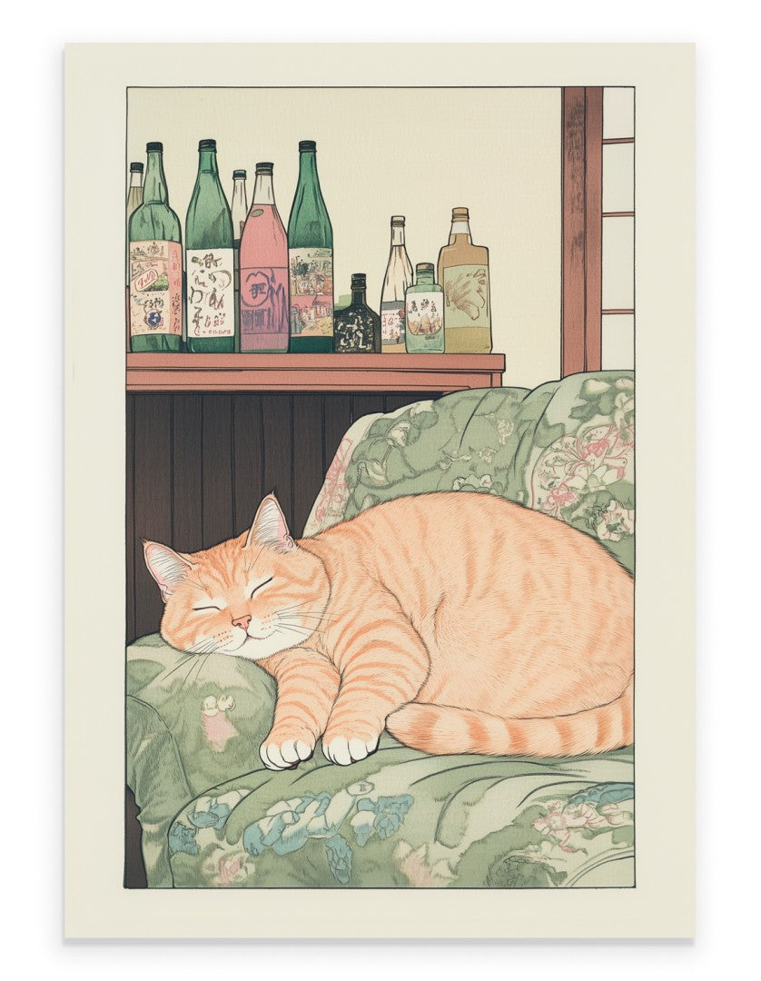 Japanese-style art print of a sleeping orange tabby cat on a patterned green chair in a cozy room