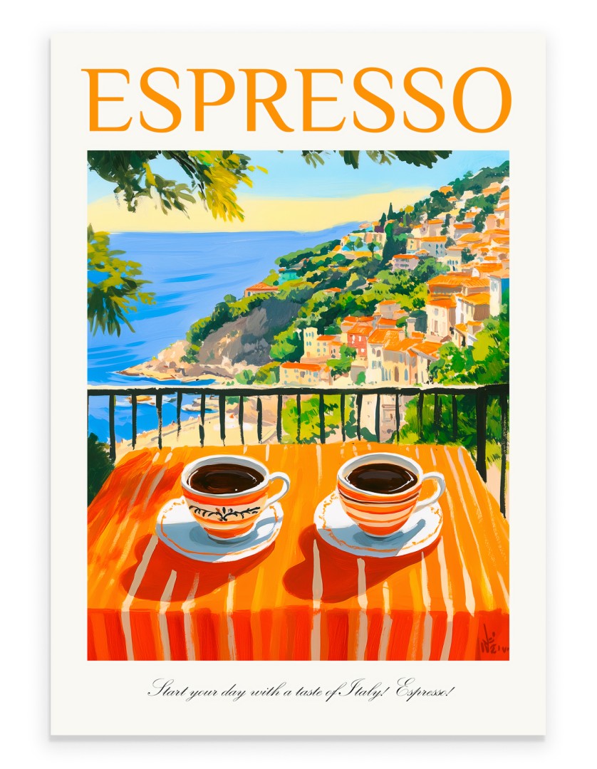 Espresso coffee art print with terrace view of Mediterranean village