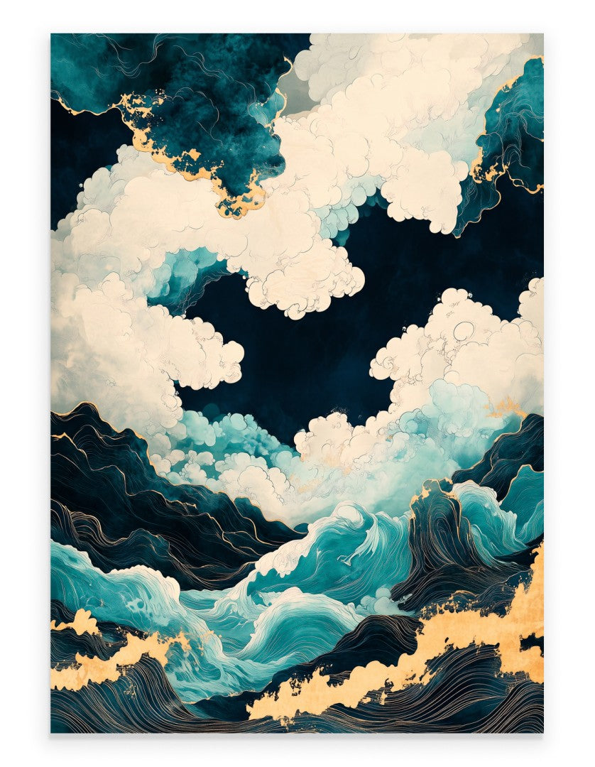 Abstract ocean wave art print with teal water and swirling clouds