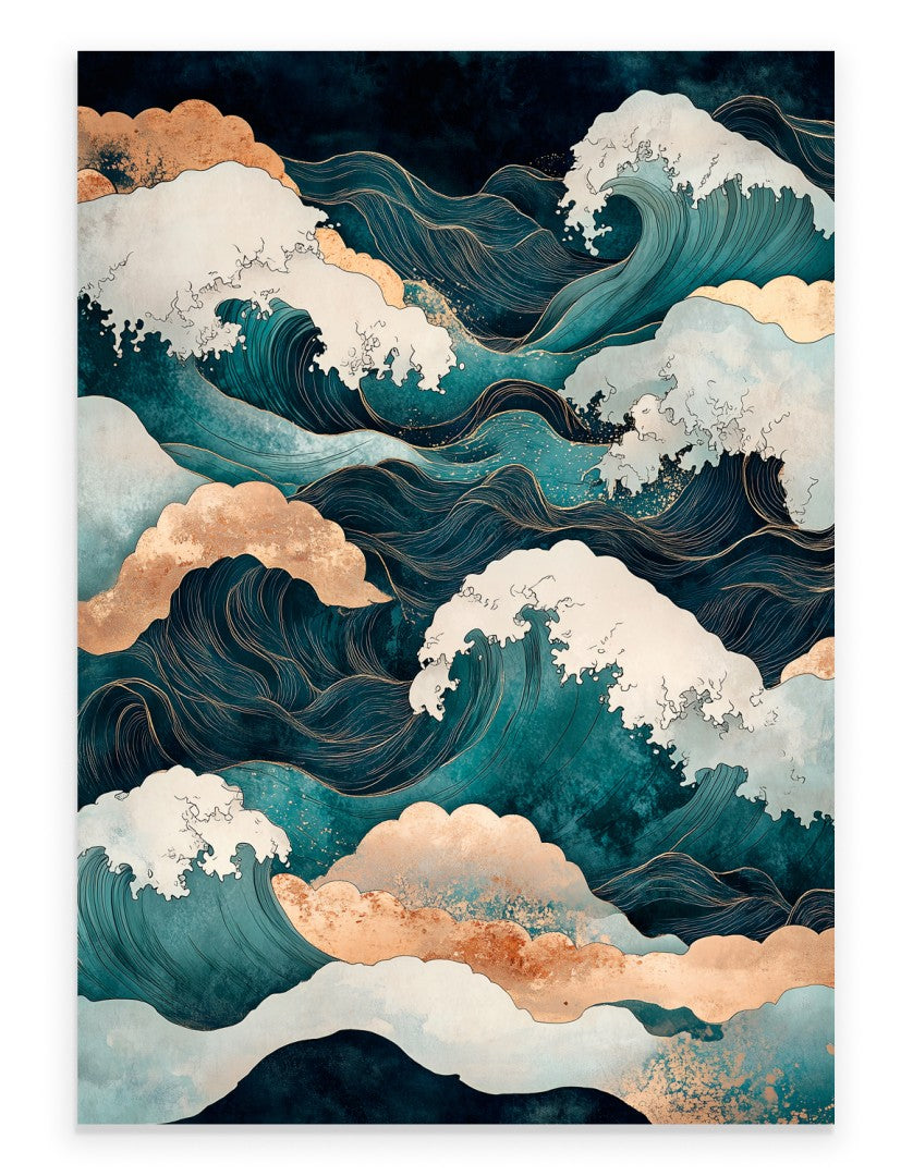 Abstract ocean wave art print with teal water and gold accents