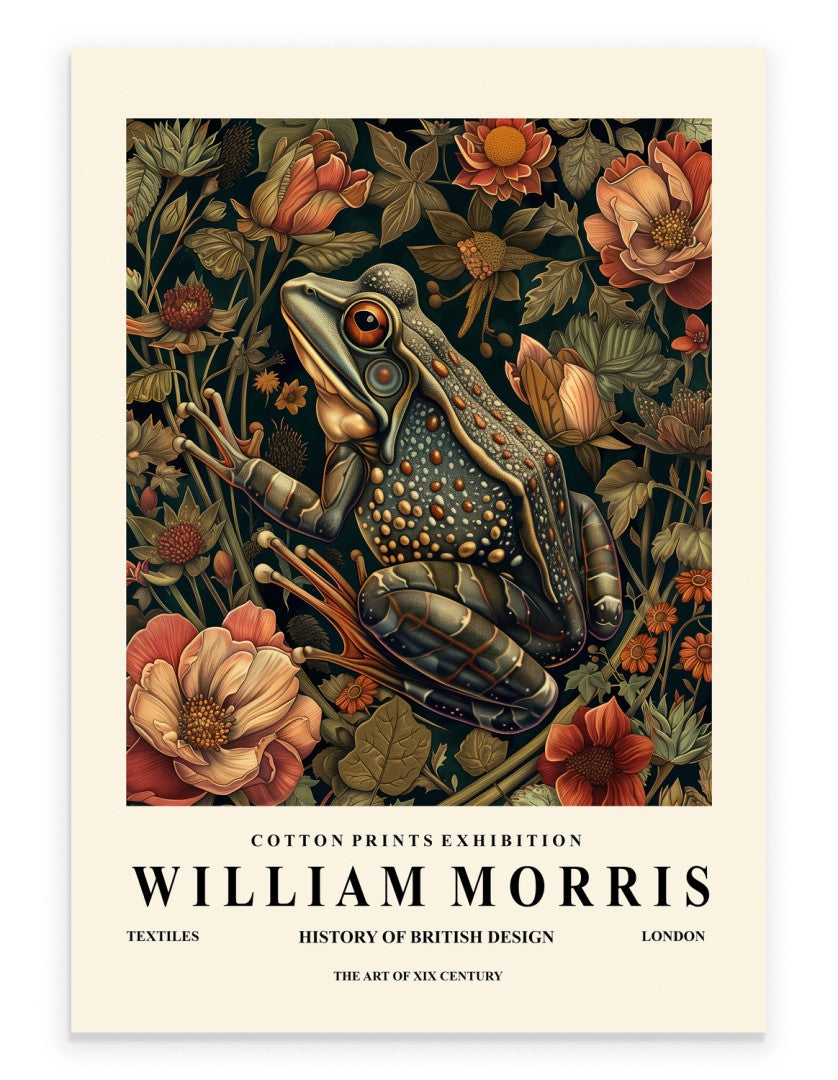 Frog and floral art print in William Morris inspired style