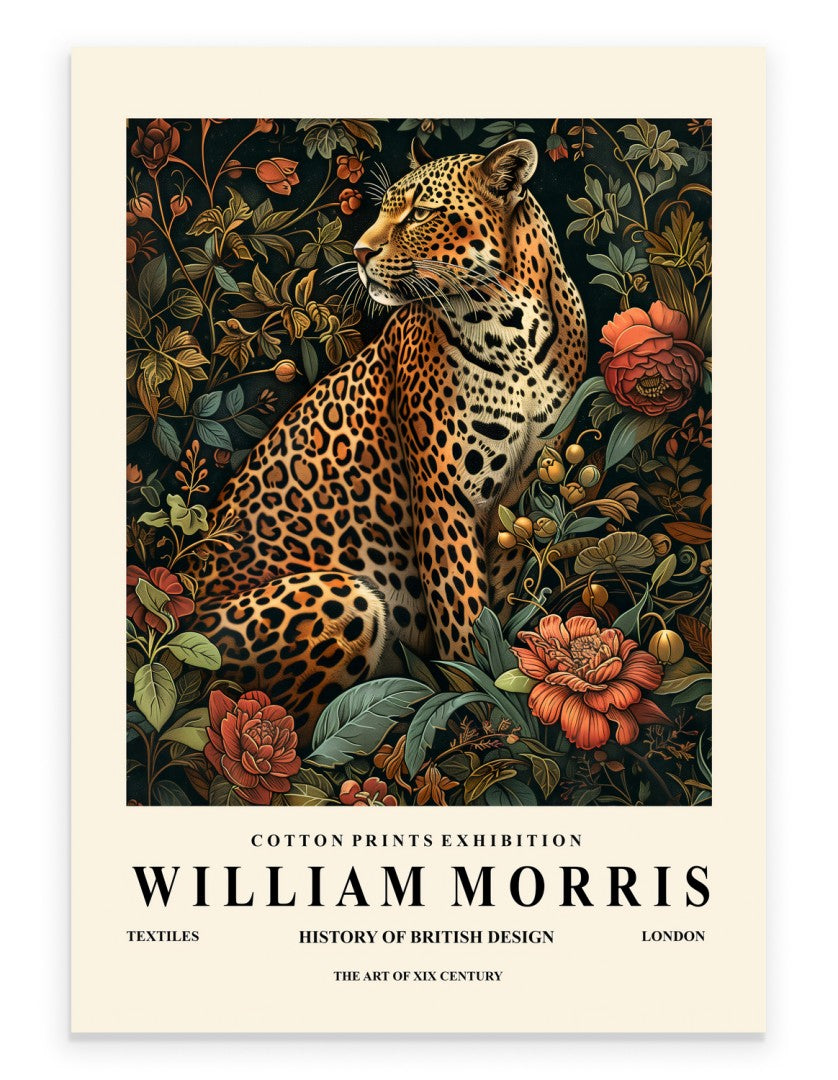 Leopard art print with botanical background in William Morris inspired style