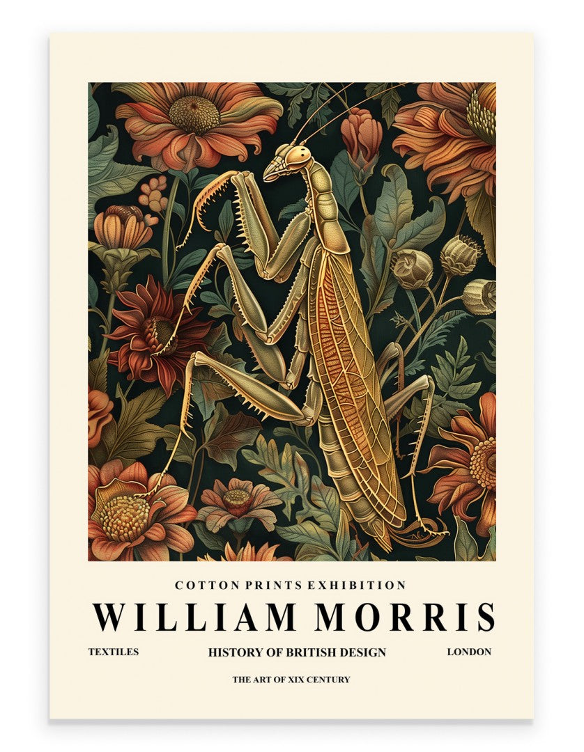 Praying mantis art print with botanical background in William Morris inspired style