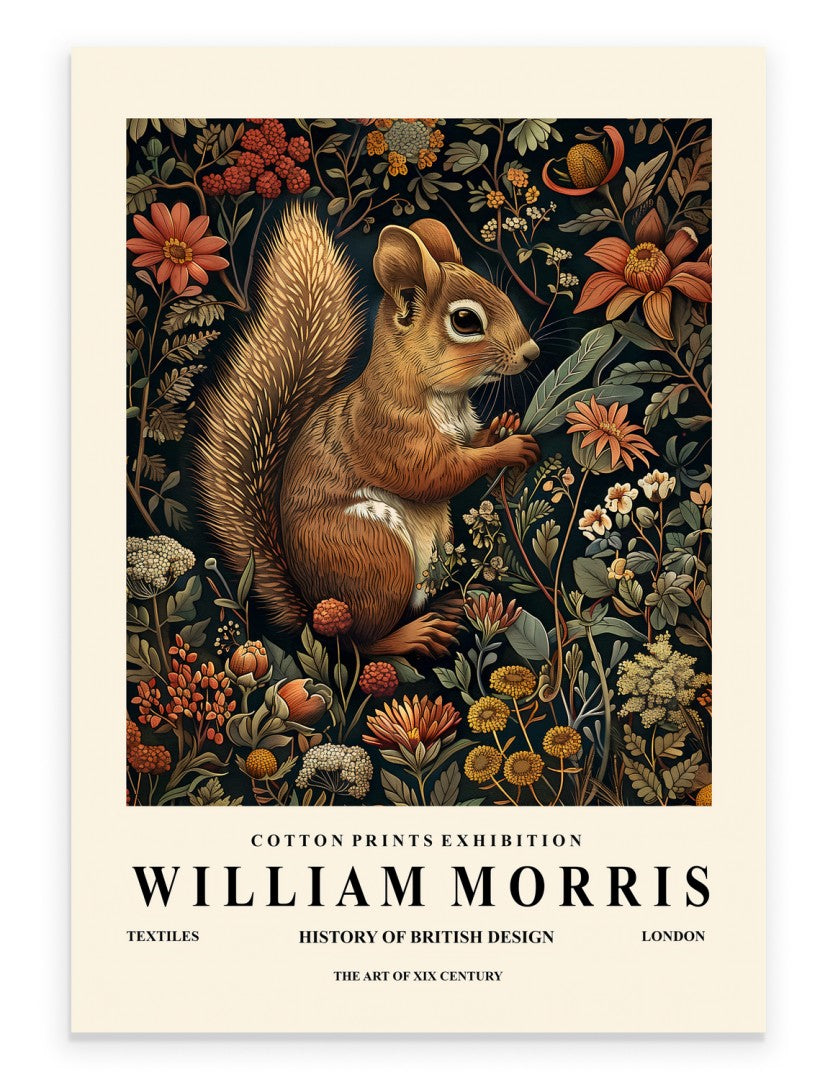 Squirrel art print with ornate botanical background in William Morris inspired style