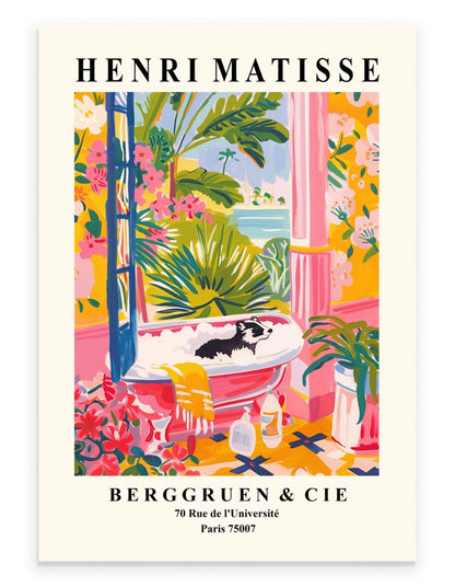 A framed art print of a black-and-white badger reclining in a colorful bathtub, inspired by Henri Matisse.