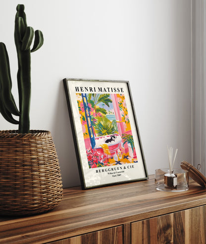 Bright and playful framed art print of a bathing badger in a lush, flower-filled bathroom scene.