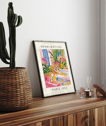 Framed Henri Matisse inspired art print of a lynx bathing in a pink tub among tropical plants - bathroom wall art print for decor