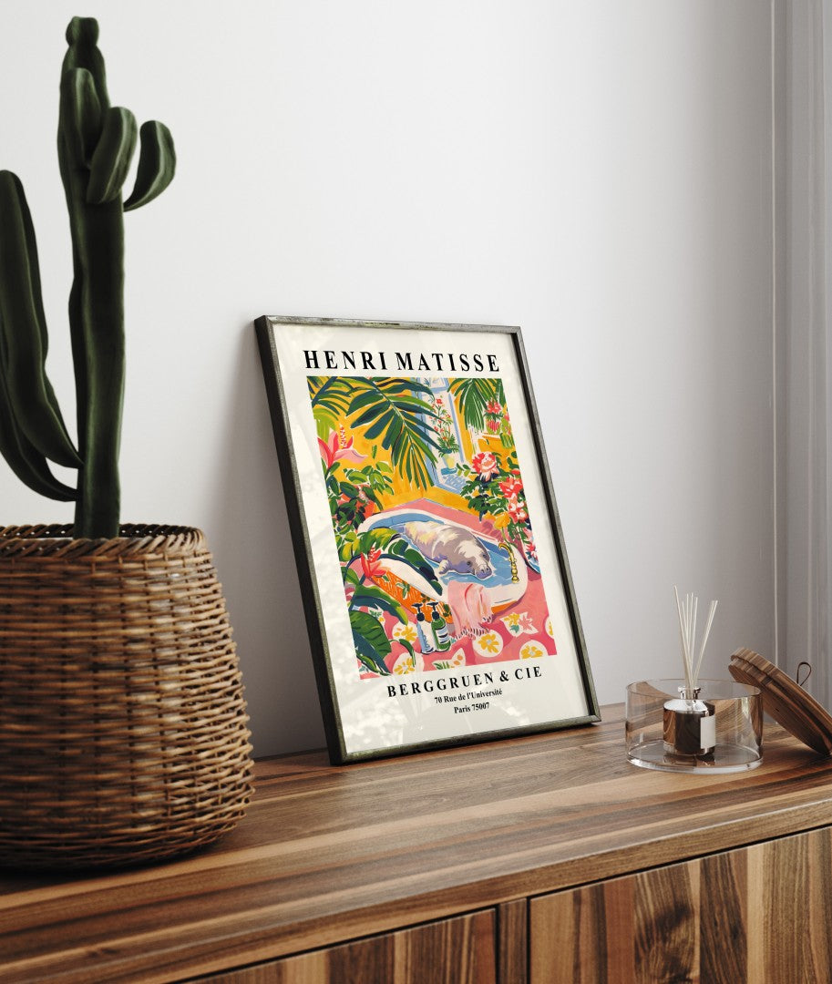Framed Henri Matisse inspired art print of a manatee bathing in a blue tub among tropical plants - bathroom wall art print for decor
