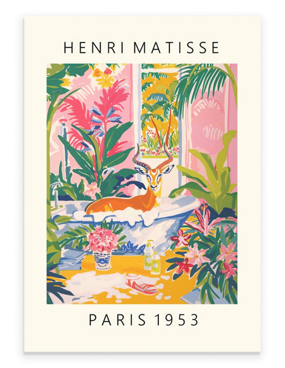 Antelope enjoying a bubble bath surrounded by vivid plants and blossoms painted in Henri Matisse inspired style - vibrant bathroom print for wall decor