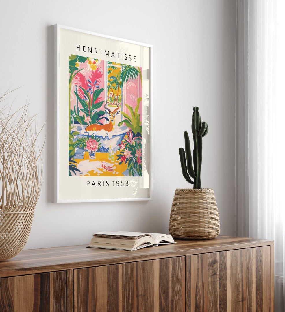 Framed colorful antelope bath artwork in Henri Matisse inspired style with flowers, leaves, and sunny window view - bathroom art print for wall decoration