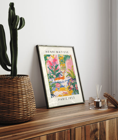 Framed Henri Matisse inspired art print of an antelope relaxing in a bubble bath with tropical greenery - bathroom wall art print for decor