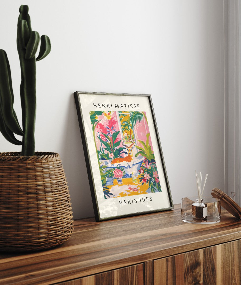 Framed Henri Matisse inspired art print of an antelope relaxing in a bubble bath with tropical greenery - bathroom wall art print for decor