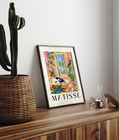 Framed Henri Matisse inspired art print of an orca whale relaxing in a yellow bathtub with tropical plants - bathroom wall art print for decor