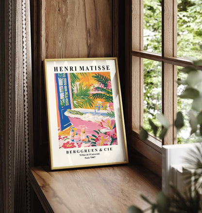 Framed Henri Matisse style alligator print featuring a playful bath scene in a tropical setting - decorative bathroom wall print
