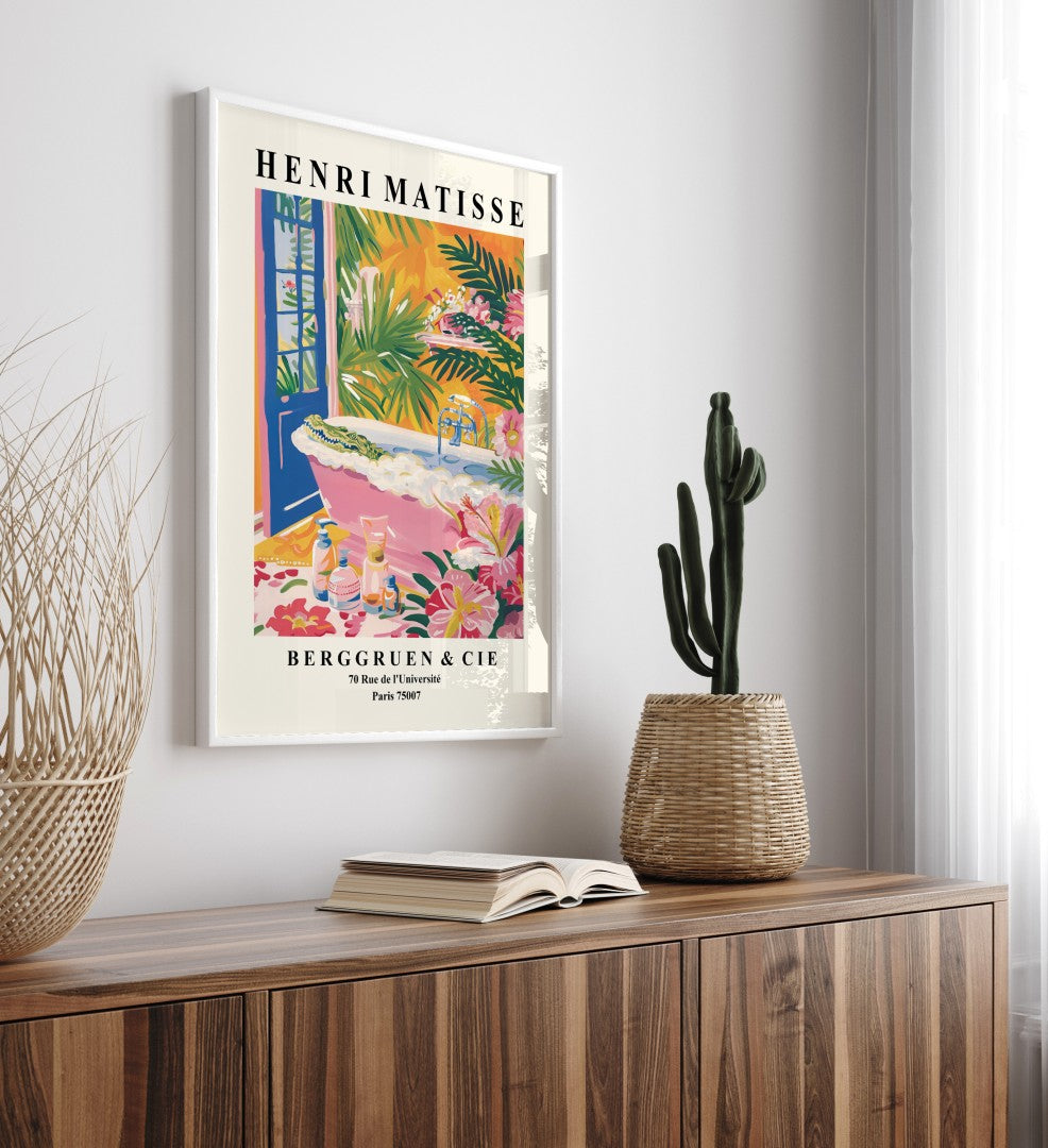 Framed whimsical alligator bath artwork in Henri Matisse inspired style with greenery, flowers, and sunny view - bathroom art print for wall decoration