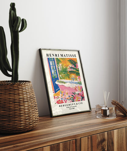 Framed Henri Matisse inspired art print of an alligator soaking in a bathtub with tropical plants - bathroom wall art print for decor