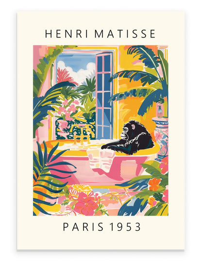 Tropical gorilla bath art print with colorful plants and garden view – framed wall decor in Matisse style