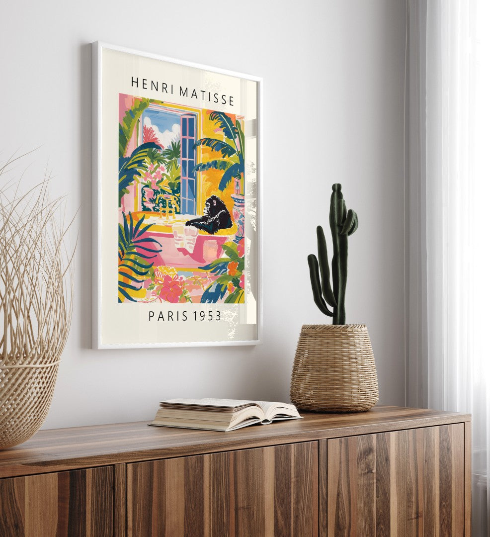 Gorilla soaking in tub surrounded by leaves and vibrant florals – Matisse-style wall art poster