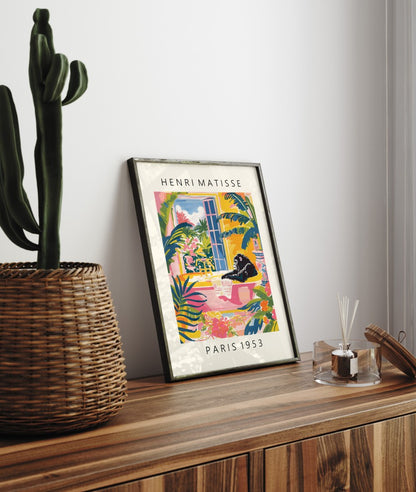 Framed Henri Matisse-inspired gorilla bath print with tropical plants and bright interior – wall art for bathroom decor