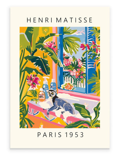 Lemur relaxing in a tropical bathtub surrounded by plants – Matisse print