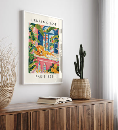 Framed Henri Matisse inspired lion soaking in bath - colorful interior wall art