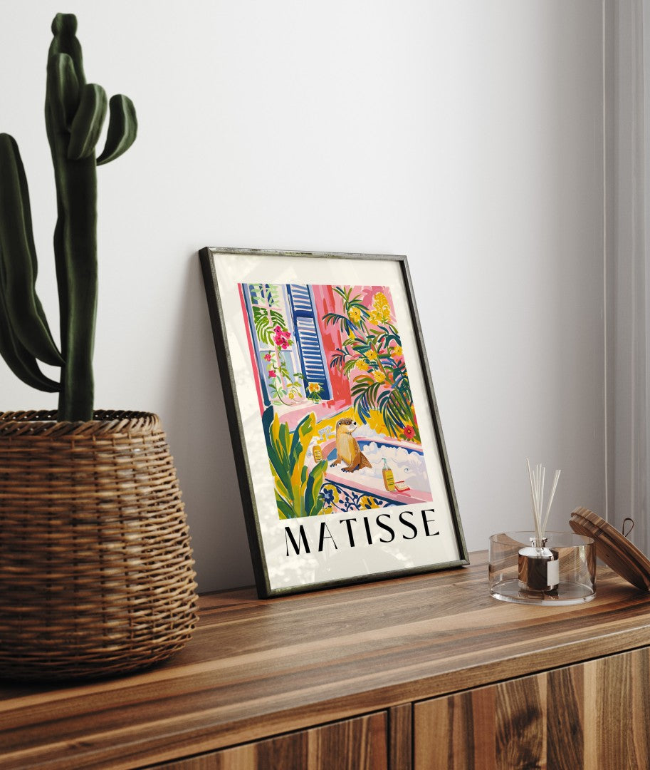 Framed colorful otter in bathtub - Matisse inspired tropical bathroom decor