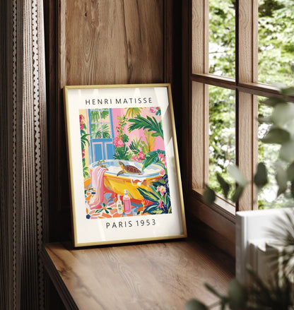 Bright and bold tropical bathroom art inspired by Matisse.