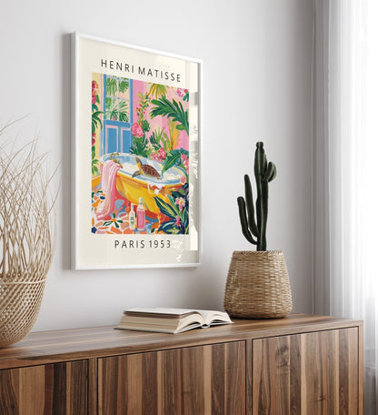 Vibrant wall art with lush foliage and a whimsical bath scene.
