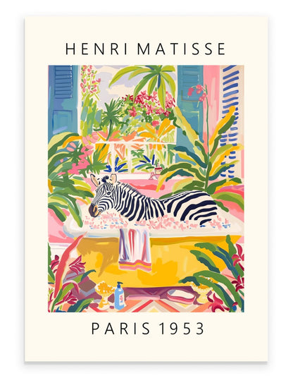 Henri Matisse style zebra lounging in a tropical golden bathtub.