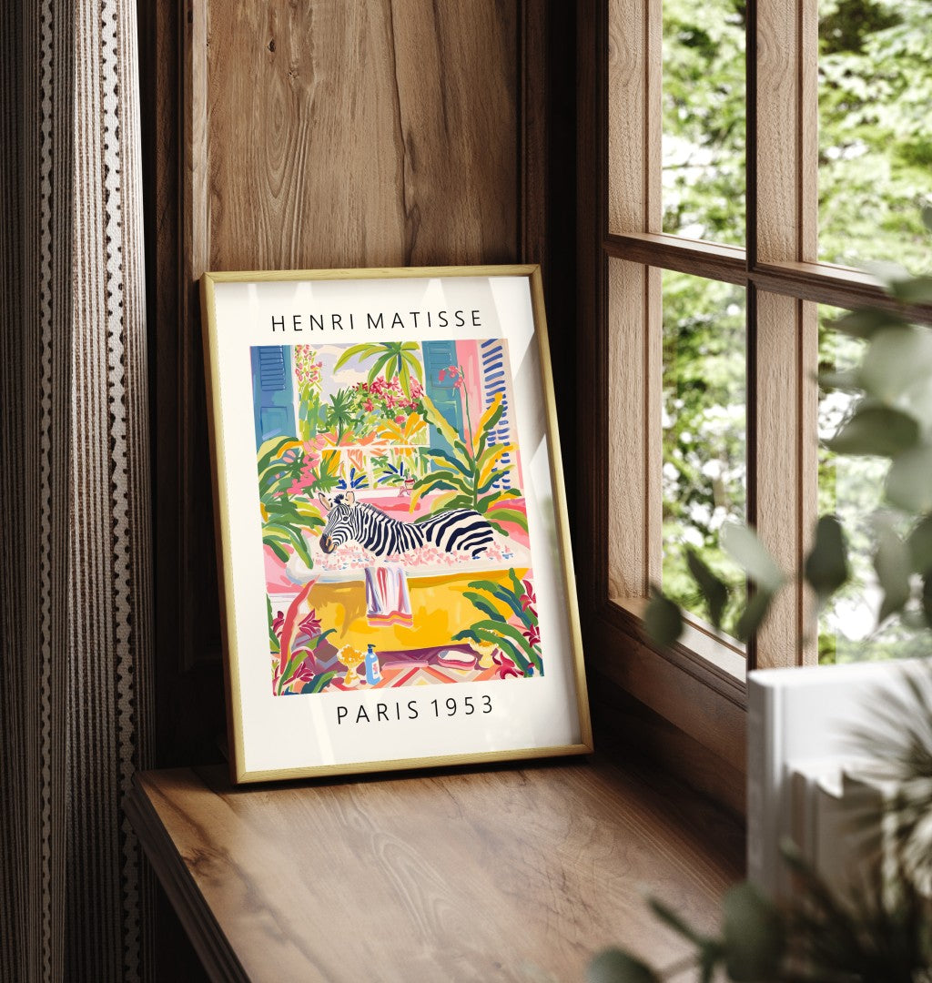 Colorful zebra bath scene with lush plants in Matisse-inspired art print.