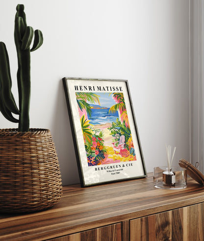 Framed art print of seaside chair surrounded by tropical flowers in Matisse style
