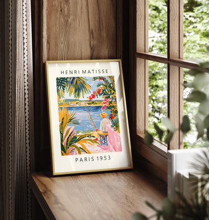 Framed art print showing fisherman in straw hat by tropical bay