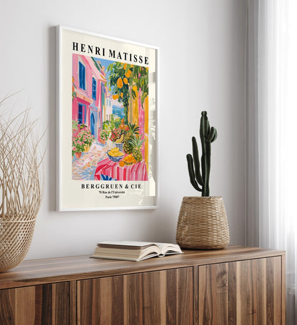 Mediterranean framed art print featuring village houses, flowers, and fruit market