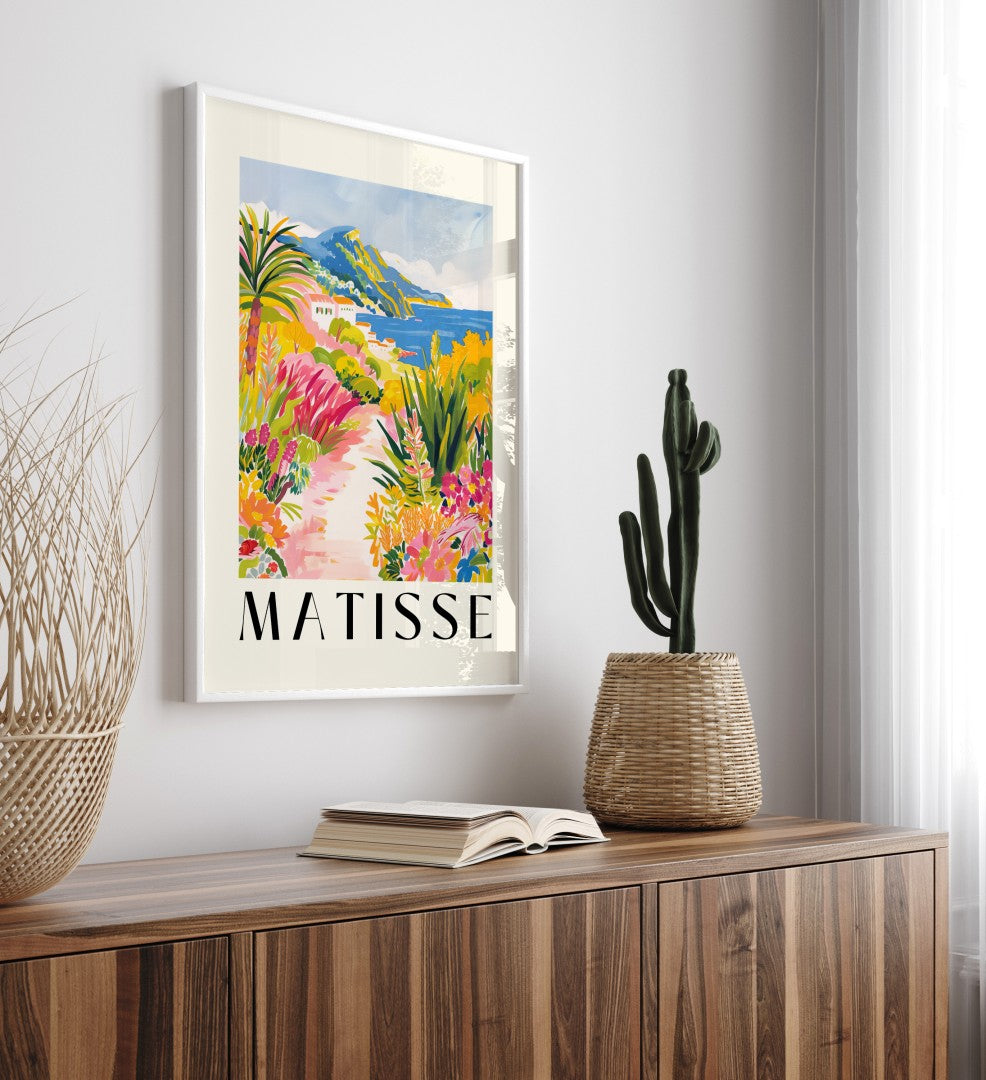 Colorful framed art print of Mediterranean coastline with mountains and ocean