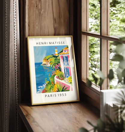 Framed art print showing villa balcony with ocean view and tropical plants