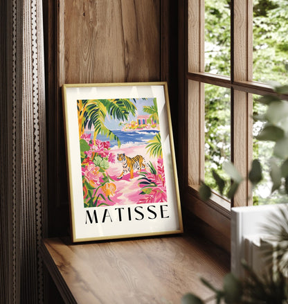 Framed art print showing tiger by ocean with palm trees and flowers