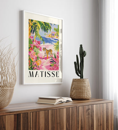 Wildlife framed art print featuring tiger on seaside path with tropical plants