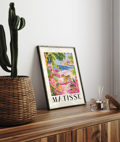 Framed coastal art print of tiger on beach with ocean waves and Matisse colors