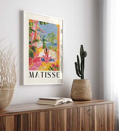Yoga wall art framed print featuring tropical plants, seaside, and calm design