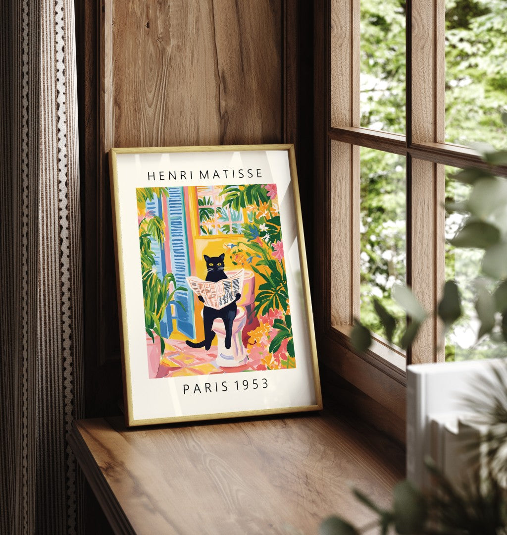 Matisse-style print featuring black cat and vibrant greenery in a bathroom scene.