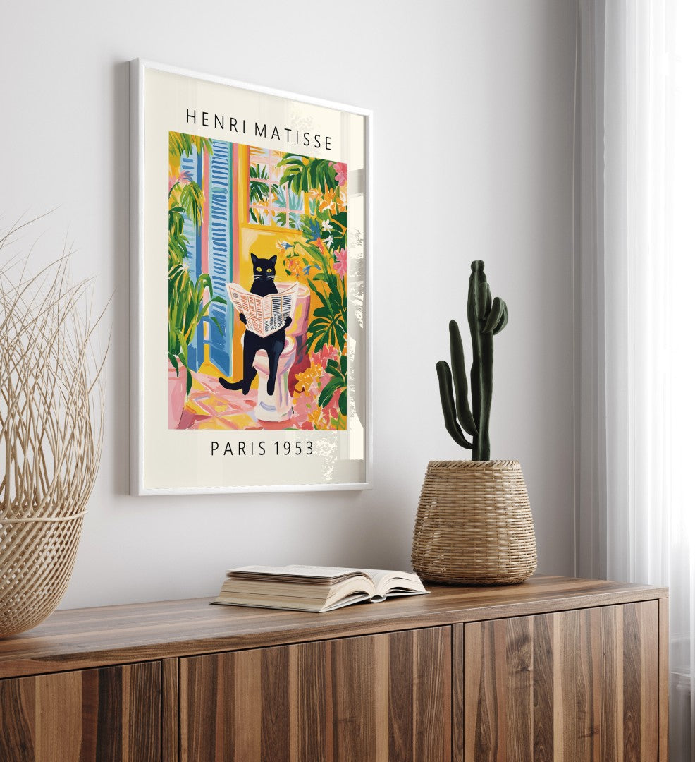 Whimsical tropical bathroom artwork with black cat and bold floral accents.