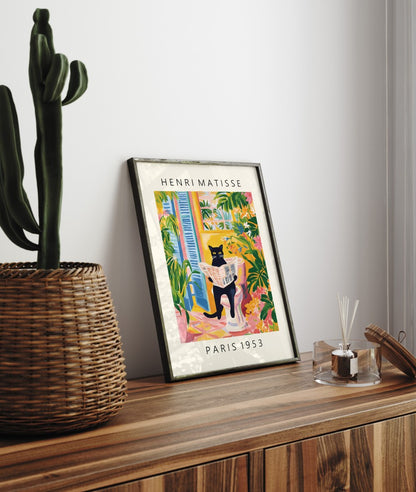 Playful cat-themed bathroom wall art inspired by Matisse’s colorful style.