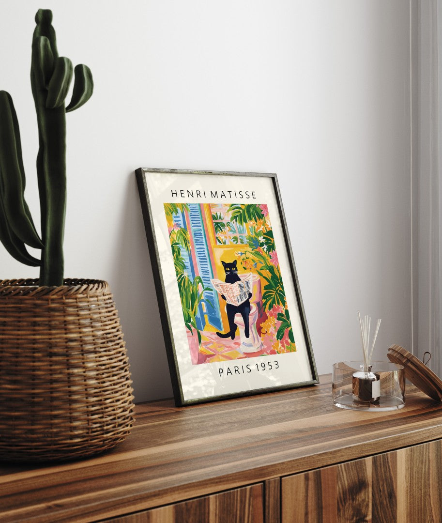 Playful cat-themed bathroom wall art inspired by Matisse’s colorful style.