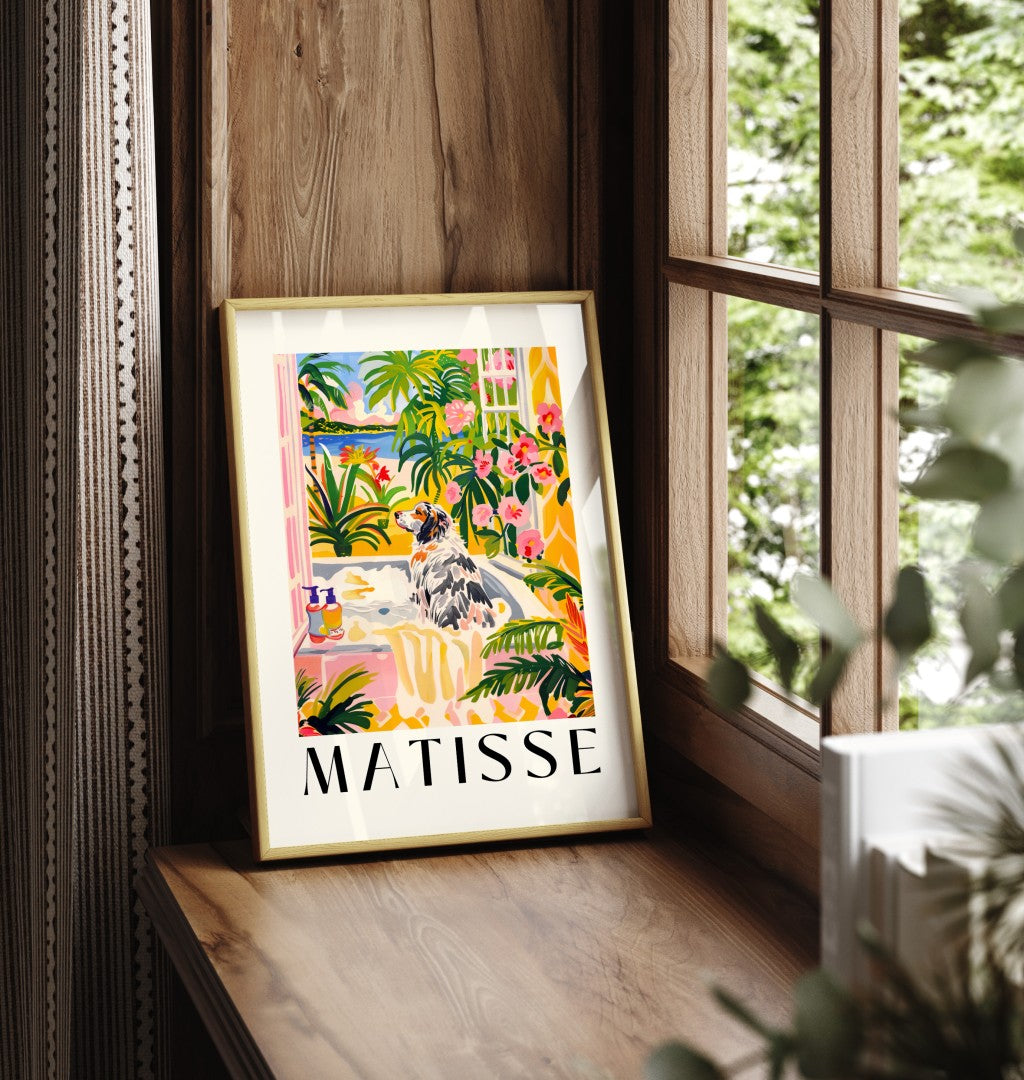 Australian Shepherd in a bath with tropical plants and seaside background.