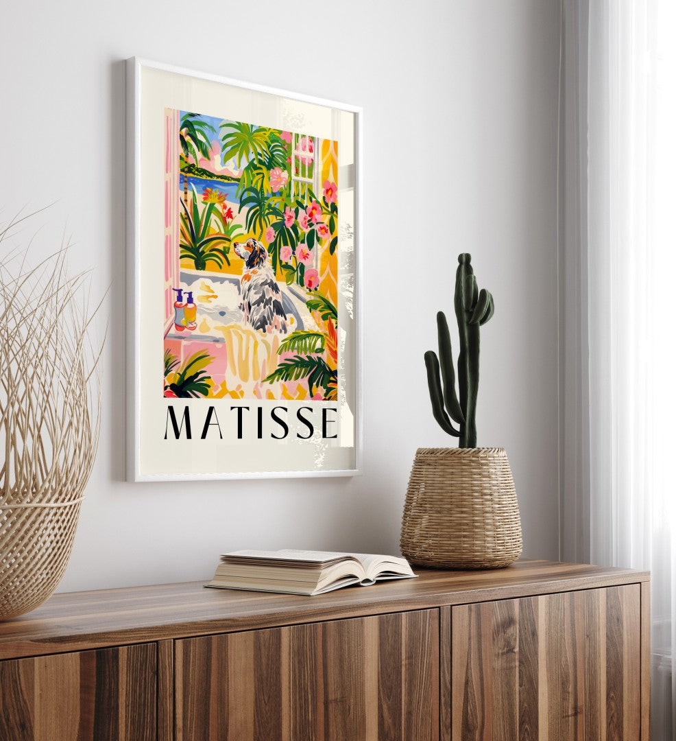 Colorful wall art featuring an Australian Shepherd in a vibrant tropical setting.