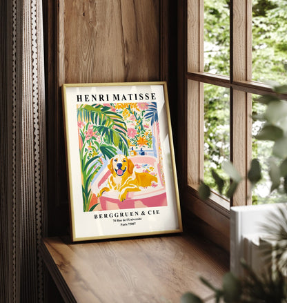 Matisse-inspired framed print of a Golden Retriever enjoying a bath.