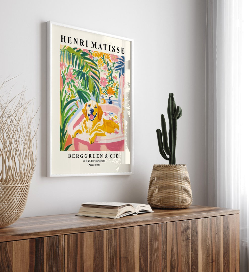 Colorful wall art featuring a Golden Retriever in a vibrant tropical bathroom.
