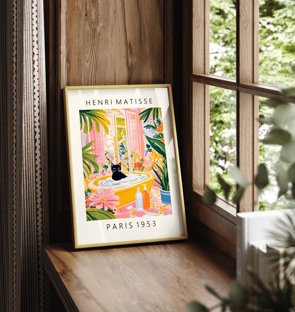 Framed print of a black cat in a colorful, Matisse-inspired interior.