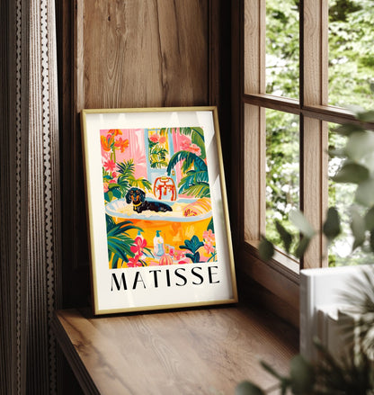 Matisse-inspired framed print of a dachshund in a colorful bath scene.