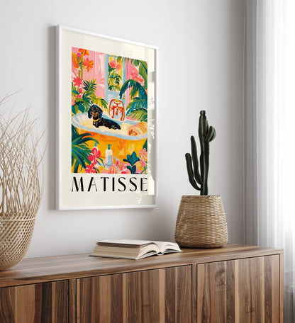 Wall art for bathrooms featuring a dachshund soaking in a tropical tub.
